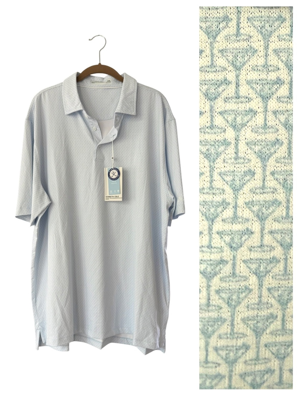 Kenneth Cole Men’s Martini Print Knit Pale Blue Short Sleeve Polo Shirt NWT XXL